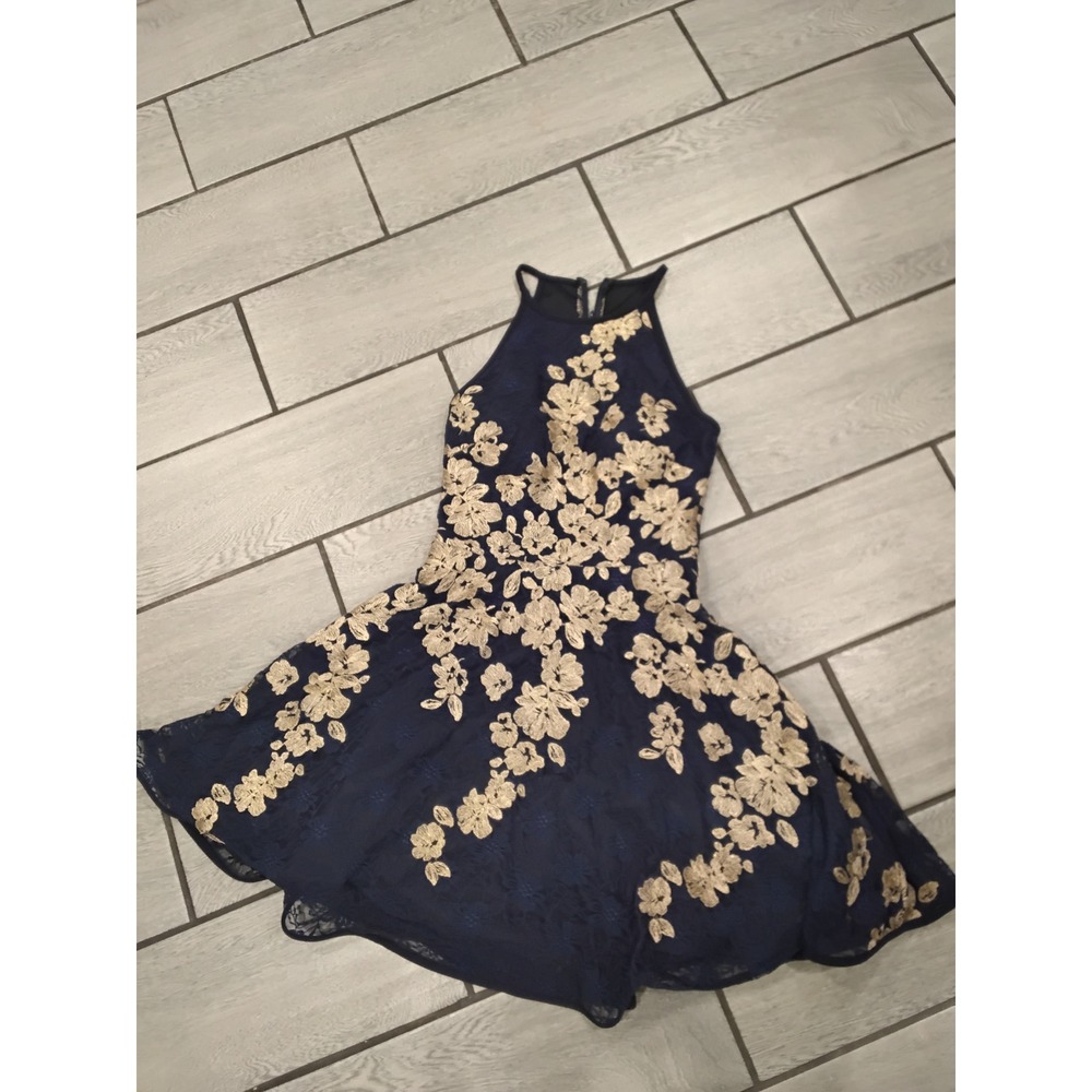 Xscape Navy Gold Floral Lace Fit Flare Cocktail Party Dress - 8